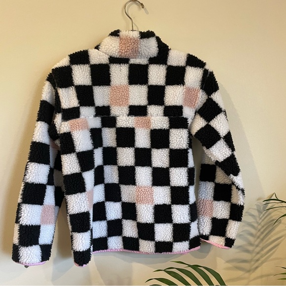 Girls Black White Pink Checkered Fleece Full Zip Jacket - Picture 2 of 3
